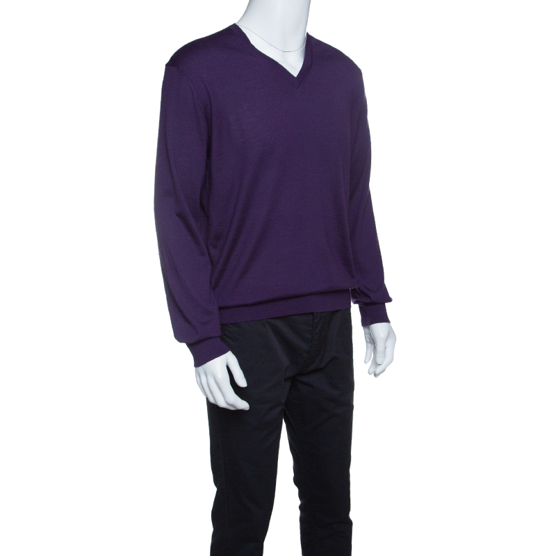 

Ermenegildo Zegna Purple Cashseta Light Ribbed Trim V-Neck Sweater