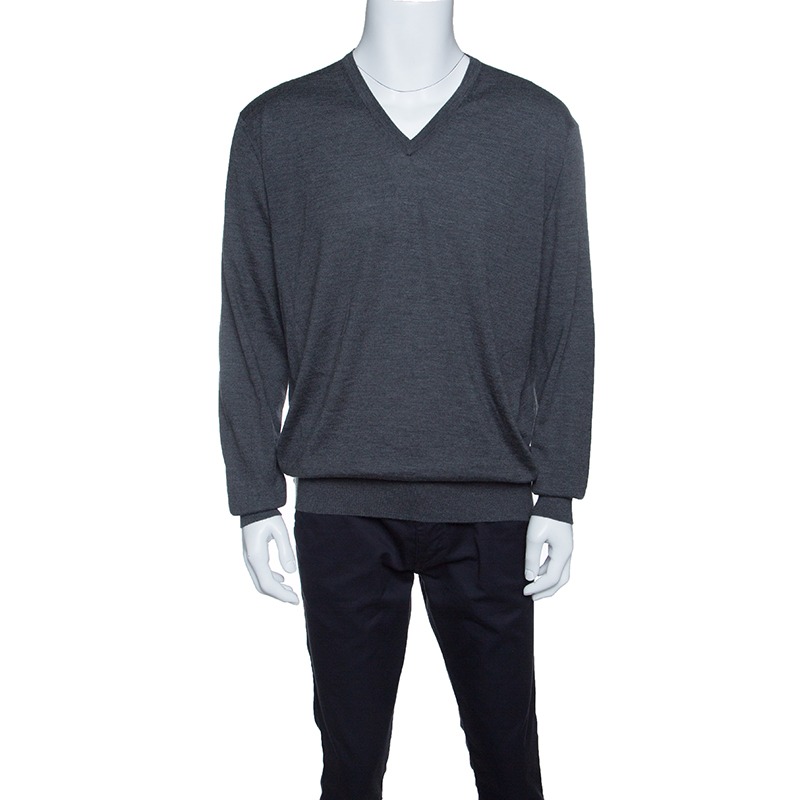 Ermenegildo Zegna Grey Cashseta Light Ribbed Trim V-Neck Sweater XXL