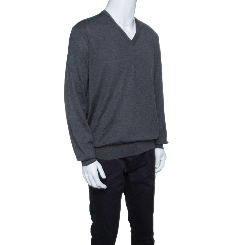 

Ermenegildo Zegna Grey Cashseta Light Ribbed Trim V-Neck Sweater