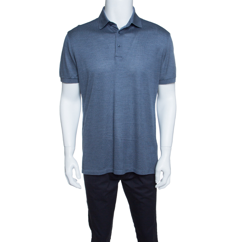 Ermenegildo Zegna Metallic Grey Silk Knit Ribbed Trim Polo T-Shirt M ...