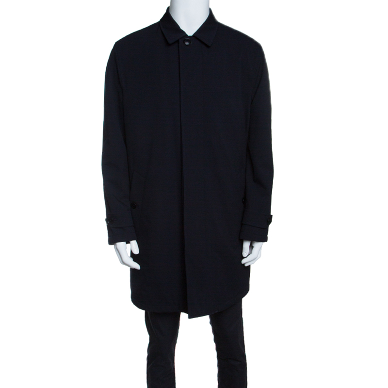 مملوكة مسبقًا Ermenegildo Zegna Navy Blue Wool Gabardine Leather Trim Long Jacket XL