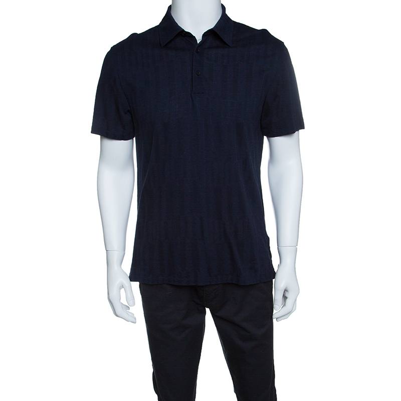 Pre Owned Ermenegildo Zegna Navy Blue Patterned Honeycomb Knit Polo T-Shirt M