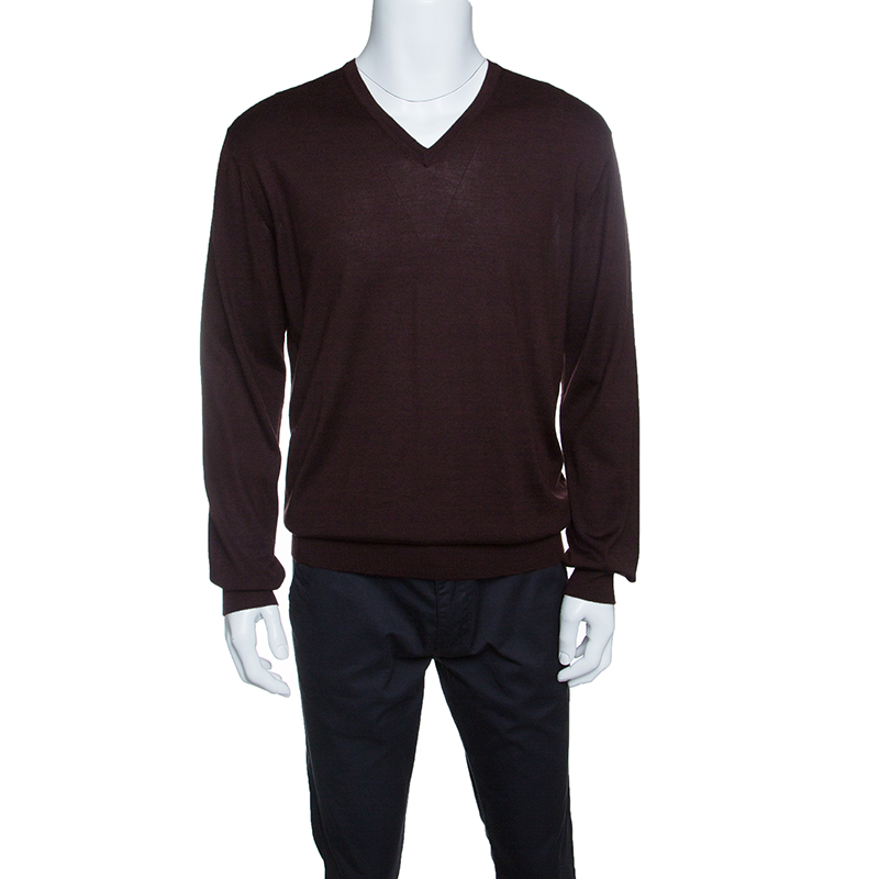Pre Owned Ermenegildo Zegna Brown Cashseta Light Ribbed Trim V-Neck Sweater L