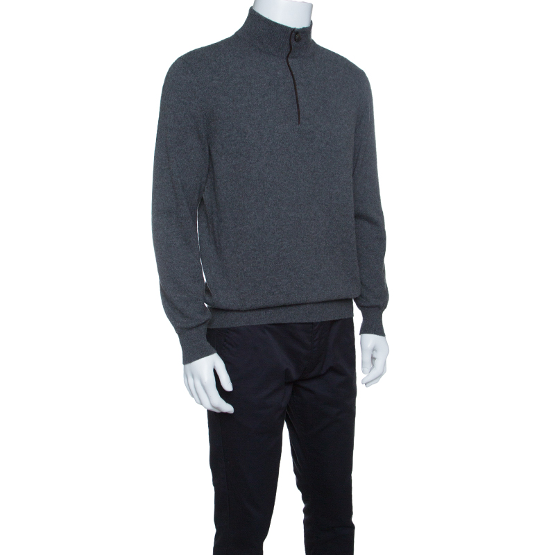 

Ermenegildo Zegna Grey Premium Cashmere Zip Detail Ribbed Trim Sweater