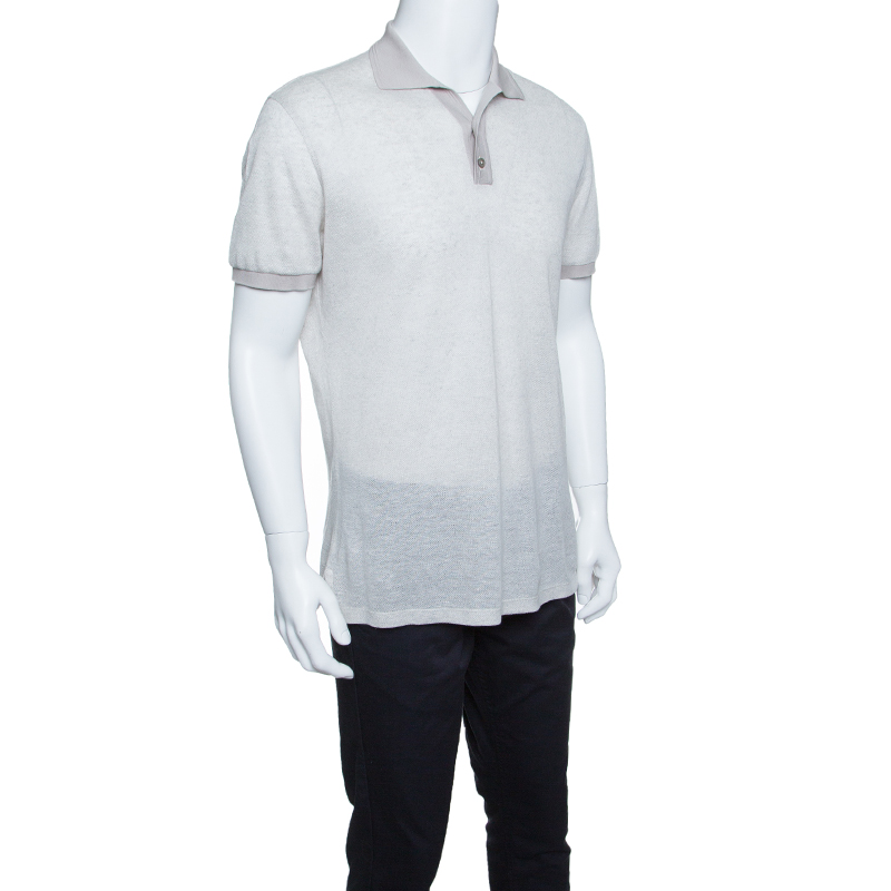 

Ermenegildo Zegna Grey Linen Knit Ribbed Trim Polo T-Shirt