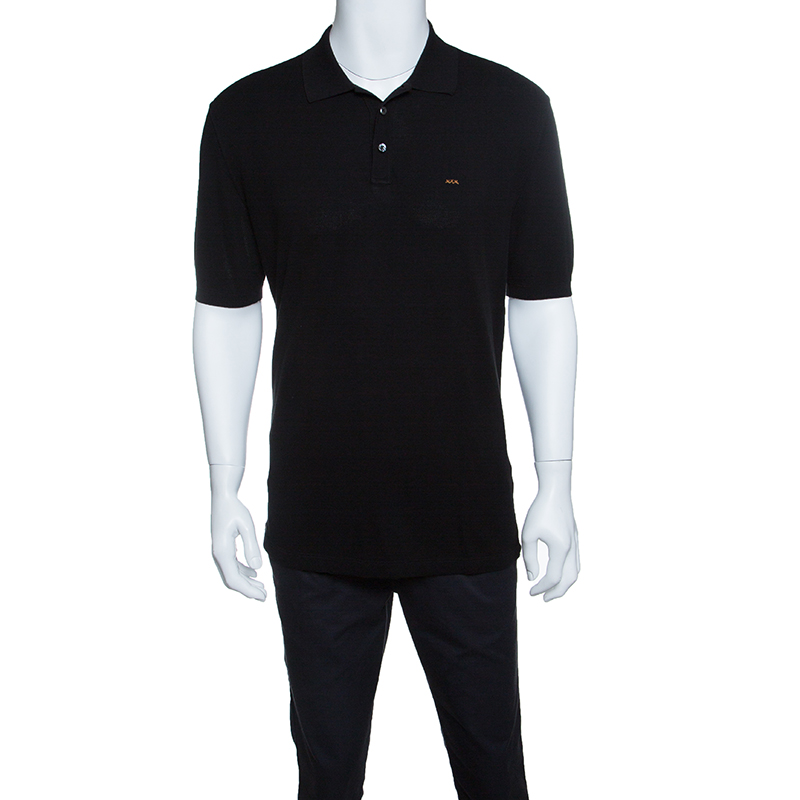 Pre Owned Ermenegildo Zegna Couture Black Honeycomb Knit Logo Embroidered Polo T-Shirt L