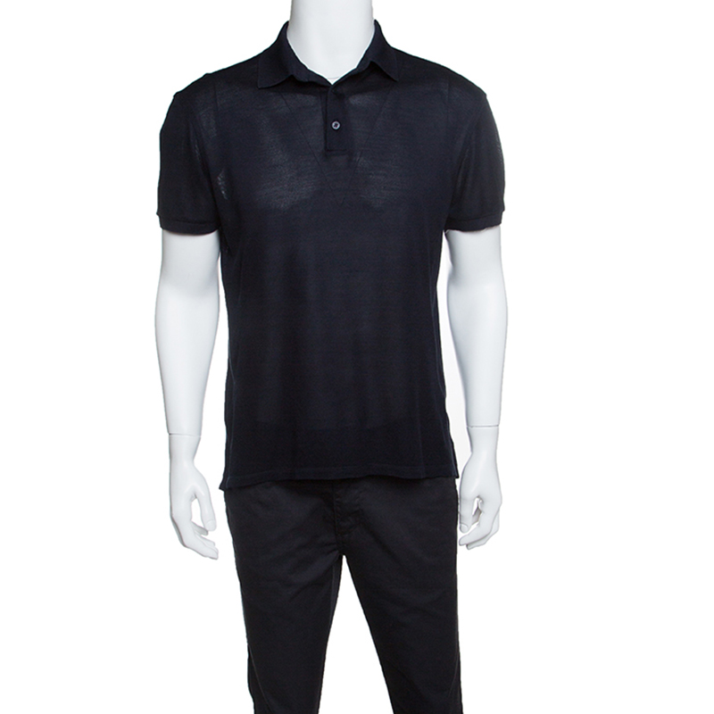 Pre Owned Ermenegildo Zegna Navy Blue Perforated Silk Knit Short Sleeve Polo T-Shirt M