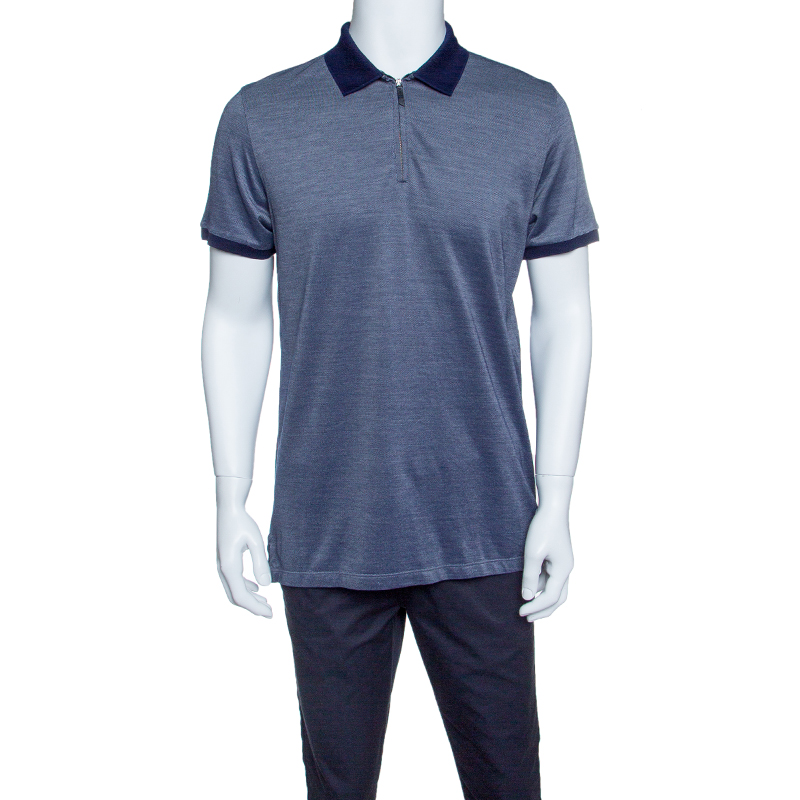 Pre Owned Ermenegildo Zegna Navy Blue Honeycomb Knit Zip Front Polo T-Shirt M