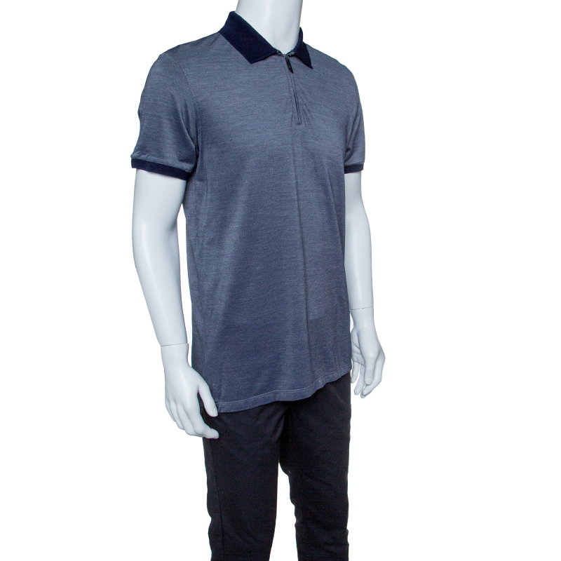 

Ermenegildo Zegna Navy Blue Honeycomb Knit Zip Front Polo T-Shirt