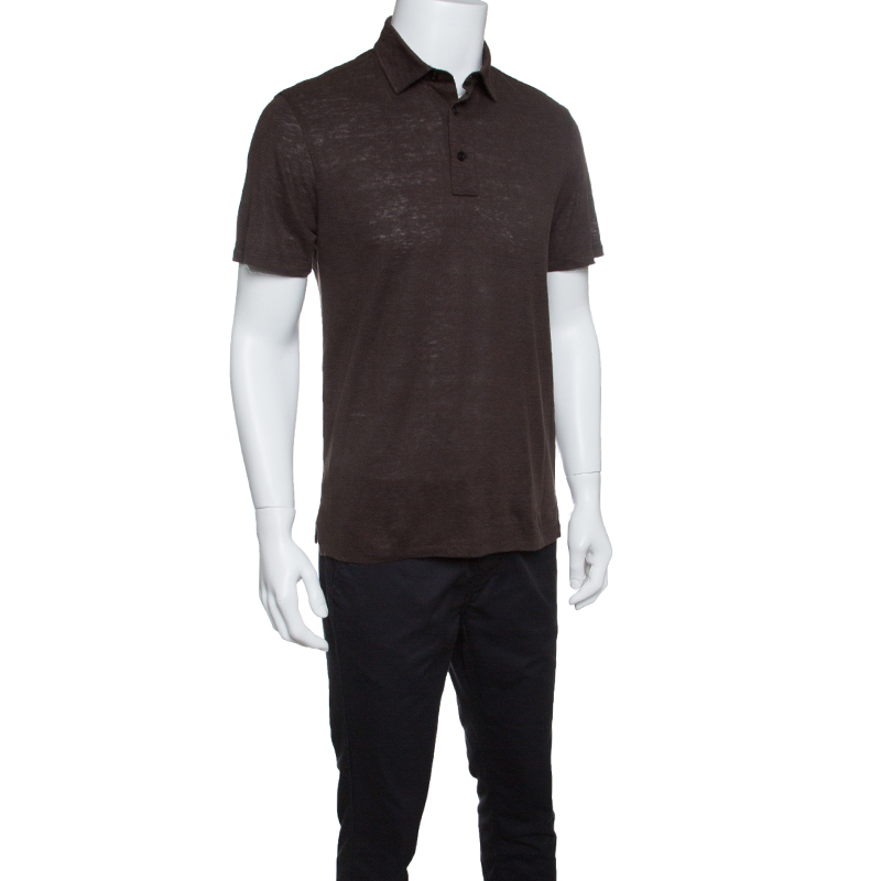 

Ermenegildo Zegna Brown Linen Slub Jersey Polo T-Shirt