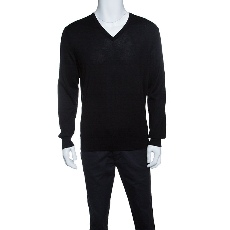 Pre Owned Ermenegildo Zegna Cashseta Light Black Ribbed Trim V-Neck Sweater L