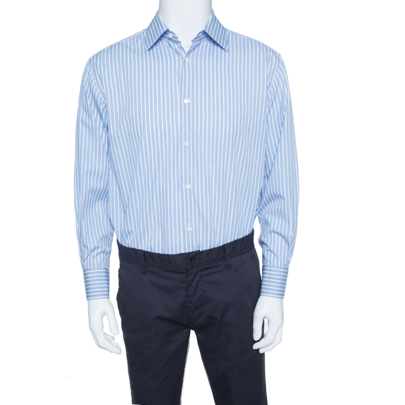 Pre Owned Ermenegildo Zegna Blue Striped Cotton Regular Fit Button Front Shirt XL