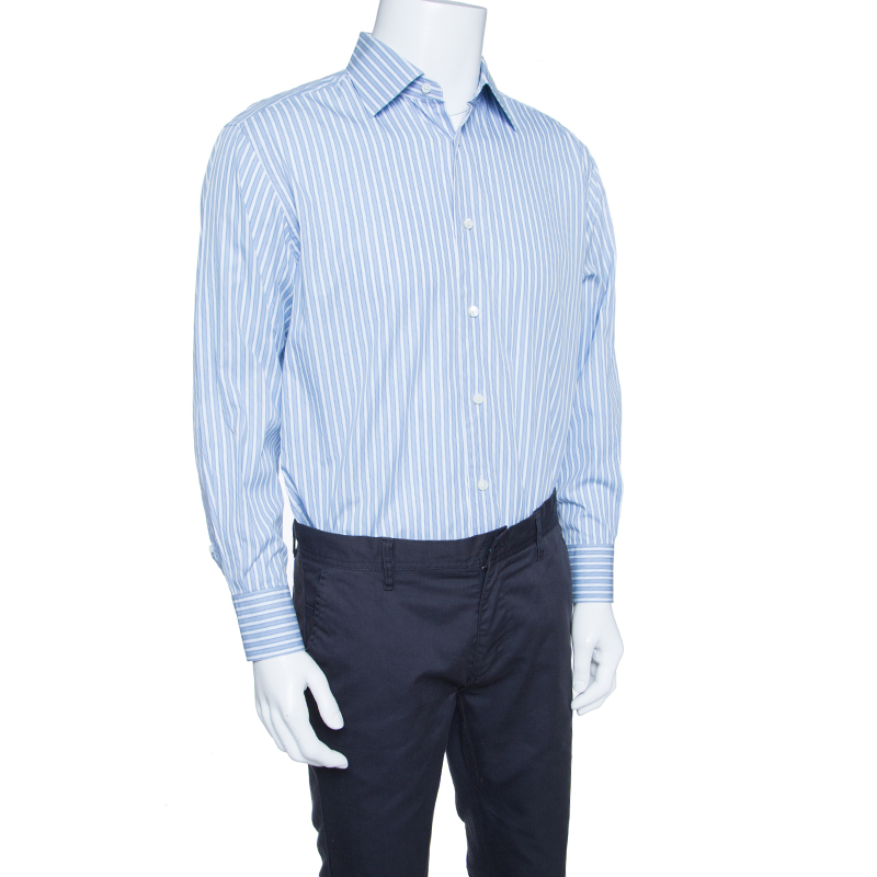 

Ermenegildo Zegna Blue Striped Cotton Regular Fit Button Front Shirt