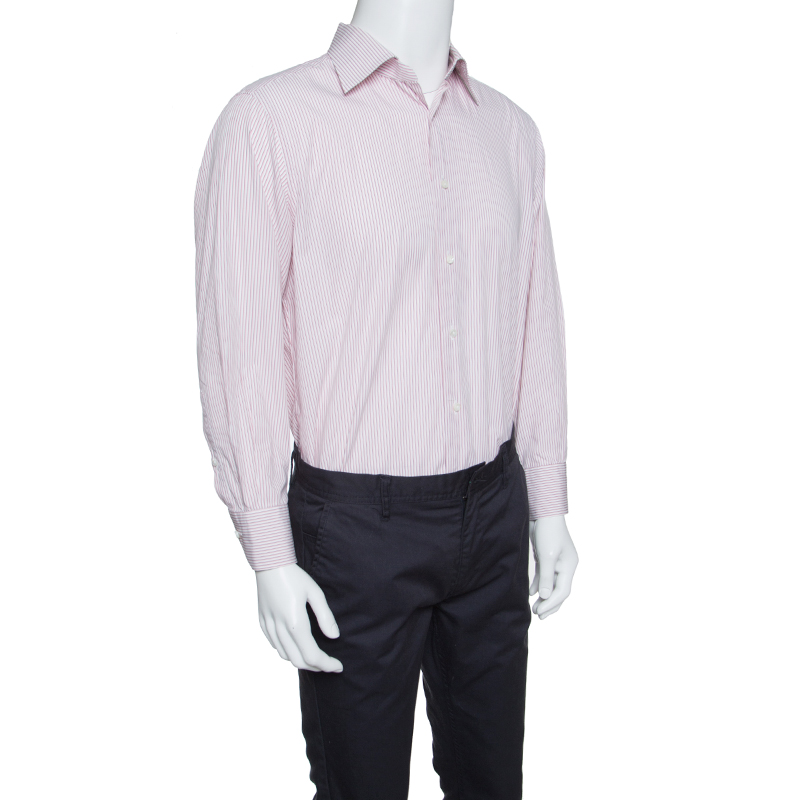 

Ermenegildo Zegna White and Pink Striped Cotton Slim Fit Shirt