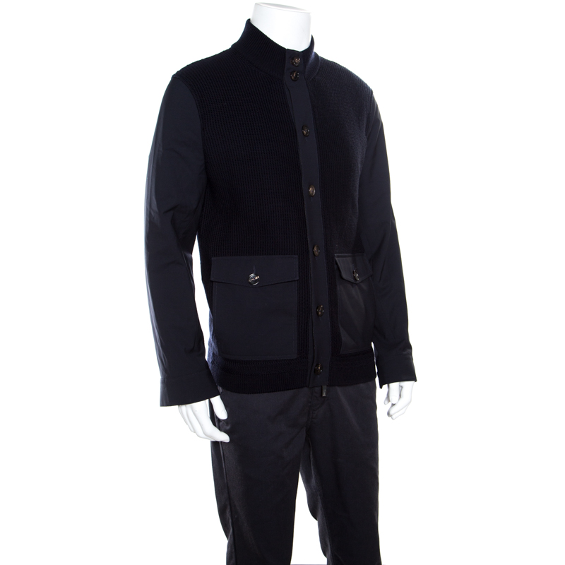 

Ermenegildo Zegna High Performance Navy Blue Wool Leather Trim Detail Zip Front Cardigan