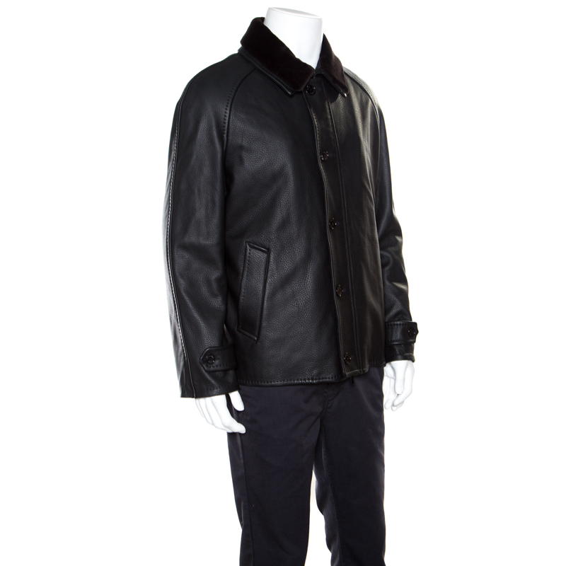 

Ermenegildo Zegna Black Mink Fur Collar Detail Zip Front Deer Leather Jacket 3XL