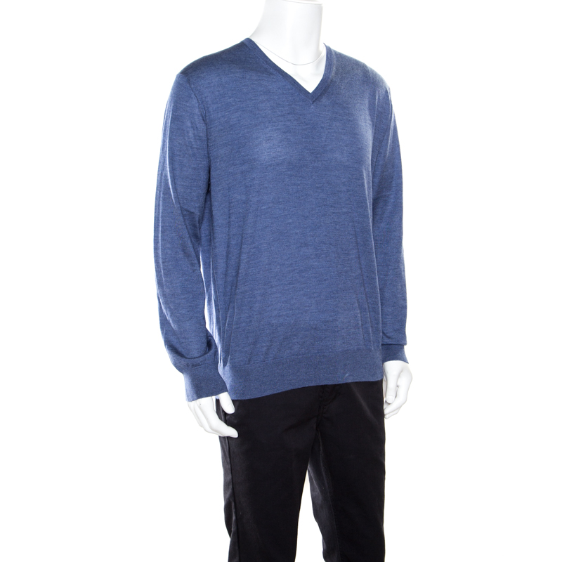 

Ermenegildo Zegna Blue Cashmere and Silk Knit Long Sleeve V Neck Sweater