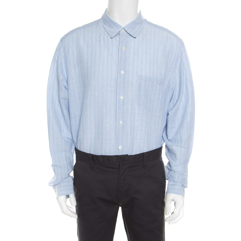 مملوكة مسبقًا Ermenegildo Zegna Light Blue Striped Cotton Linen Button Down Shirt 3XL
