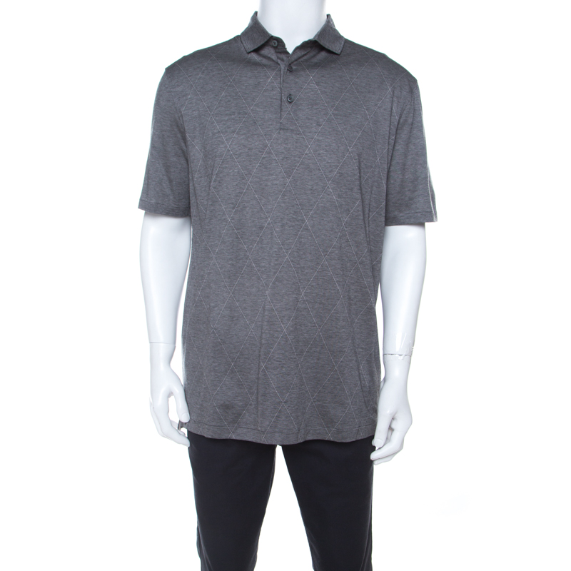 Pre Owned Ermenegildo Zegna Grey Cotton Argyle Pattern Polo T Shirt XL