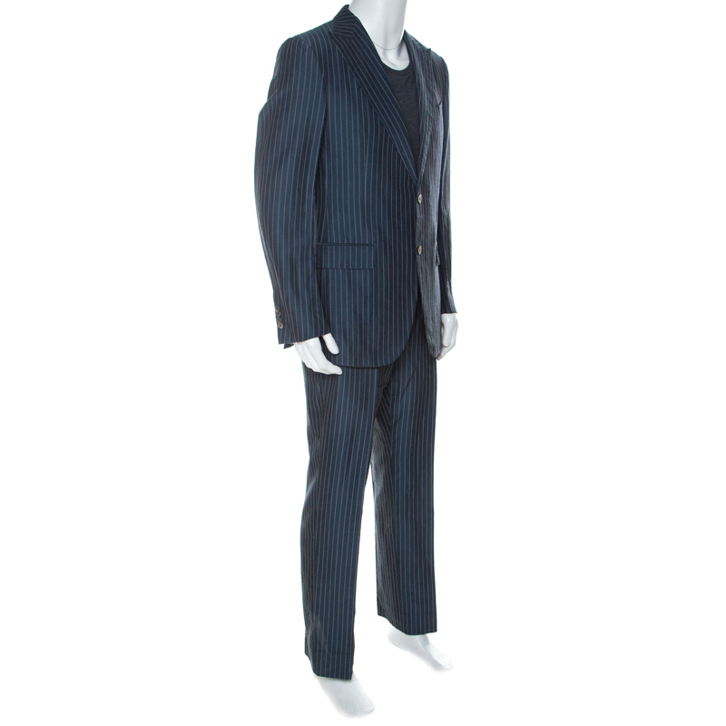 

Ermenegildo Zegna Couture Blue Striped Linen and Silk Blend Regular Fit Suit