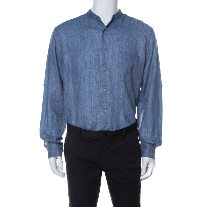 Pre Owned Ermenegildo Zegna Blue Linen Mandarin Collar Button Down Shirt XL