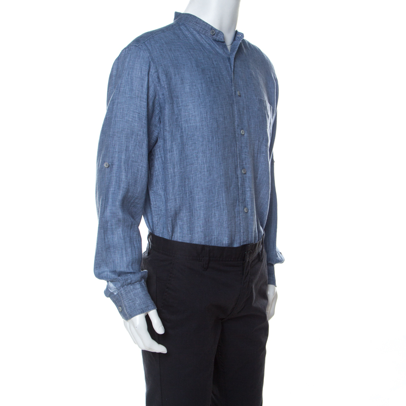 

Ermenegildo Zegna Blue Linen Mandarin Collar Button Down Shirt