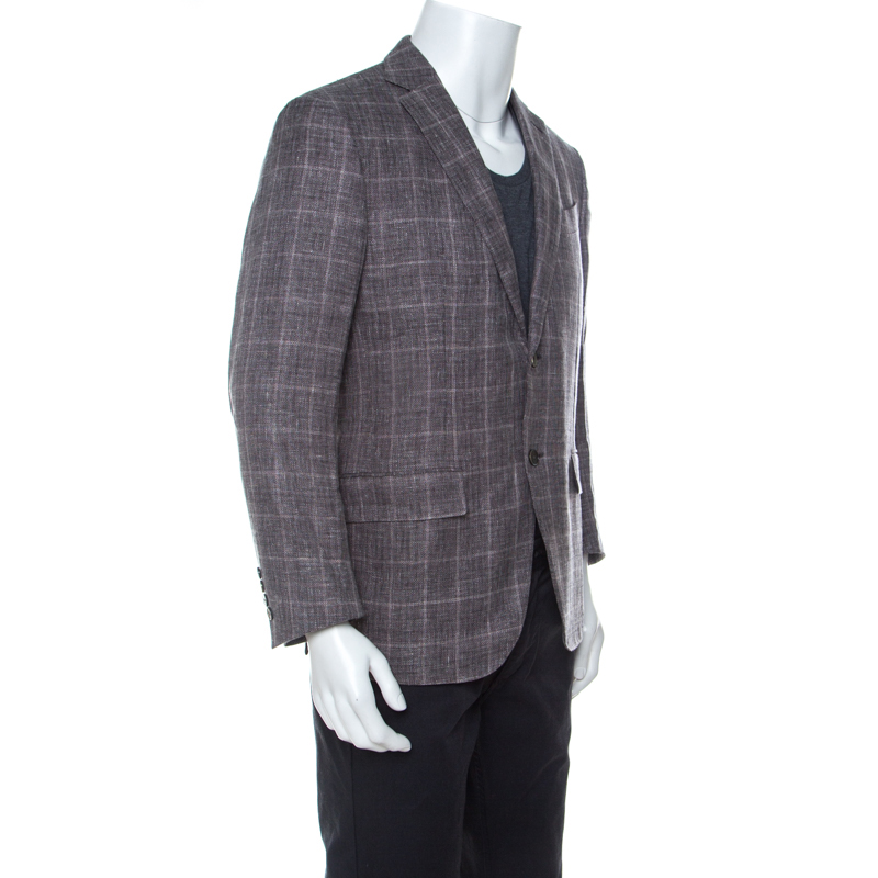 

Ermenegildo Zegna Taupe Grey Plaid Linen Classic Tailored Jacket