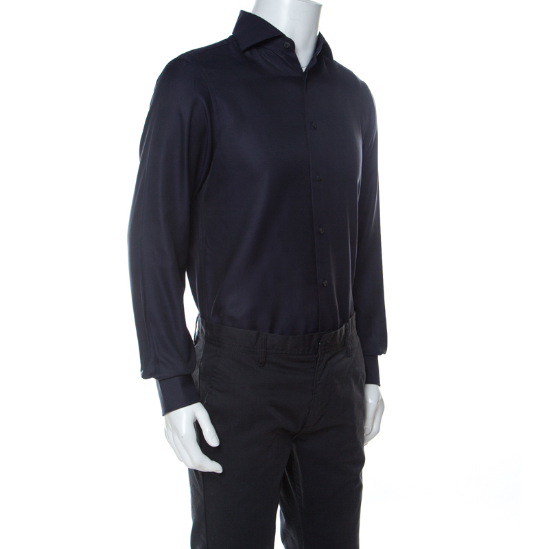 

Ermenegildo Zegna Navy Blue Woven Cotton Slim Fit Shirt