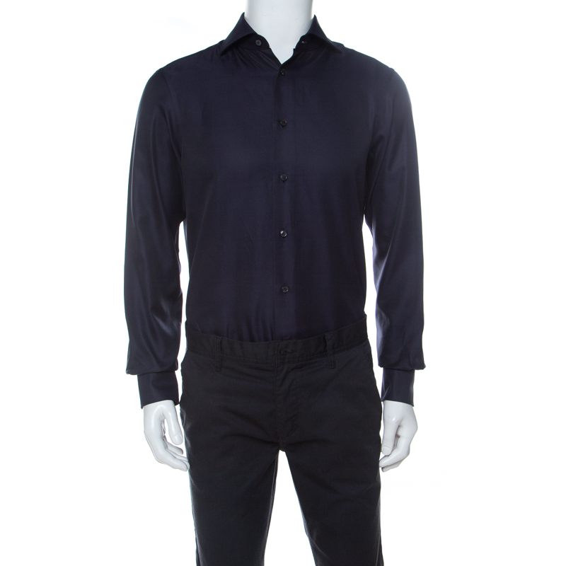 Pre Owned قميص ايرمنيجيلدو زينيا قصه مجسمة قطن مغزول أزرق كحلي M