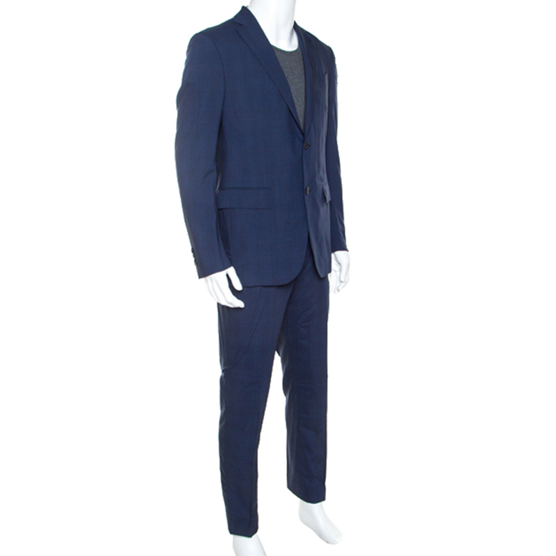 

Ermenegildo Zegna Blue Monochrome Plaid Silk Blend Tailored Suit