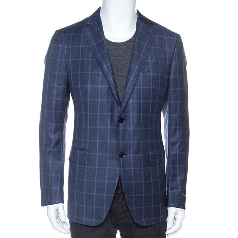 Ermenegildo Zegna Blue Windowpane Check Wool Milano Easy Fit Blazer XL