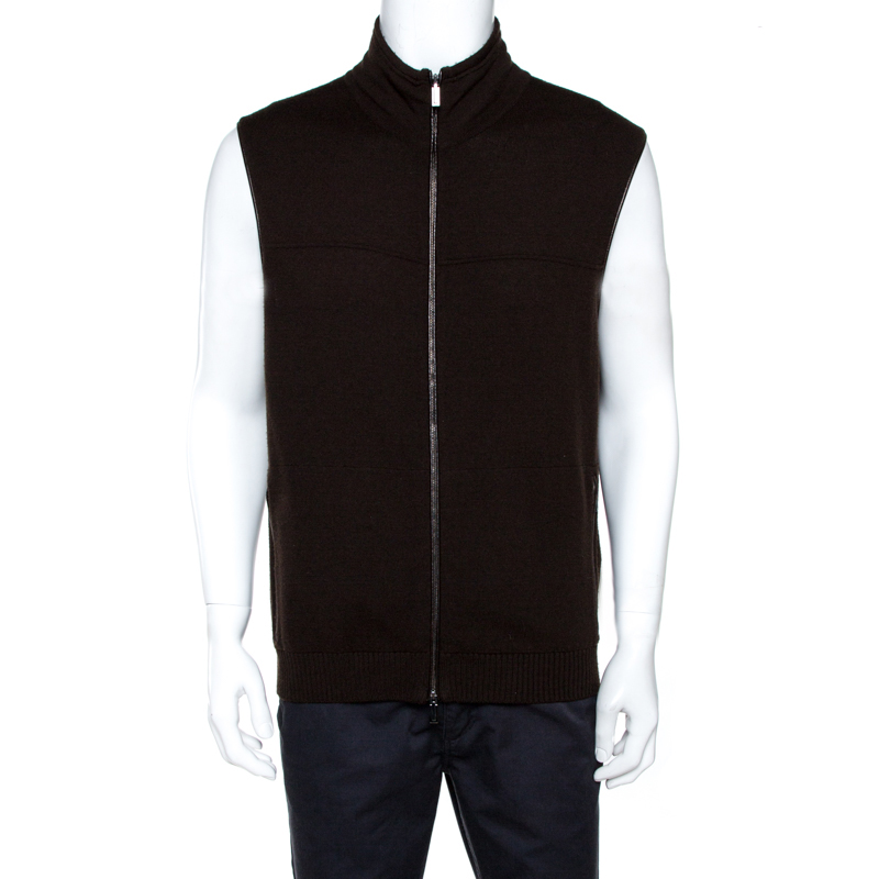Ermenegildo Zegna Brown Wool Sleeveless Zip Front Cardigan XL