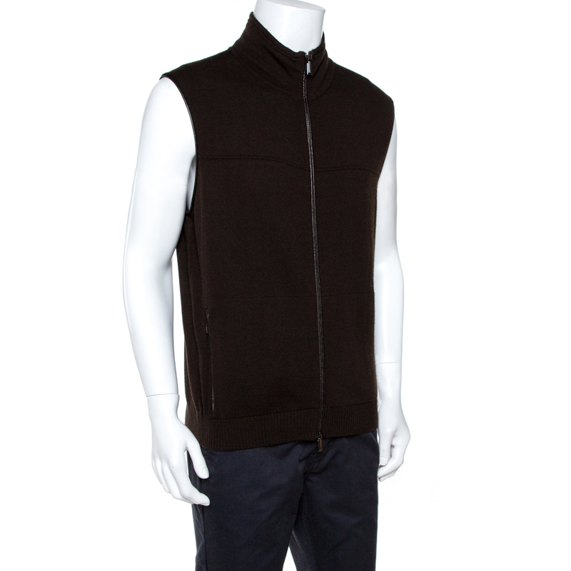 

Ermenegildo Zegna Brown Wool Sleeveless Zip Front Cardigan