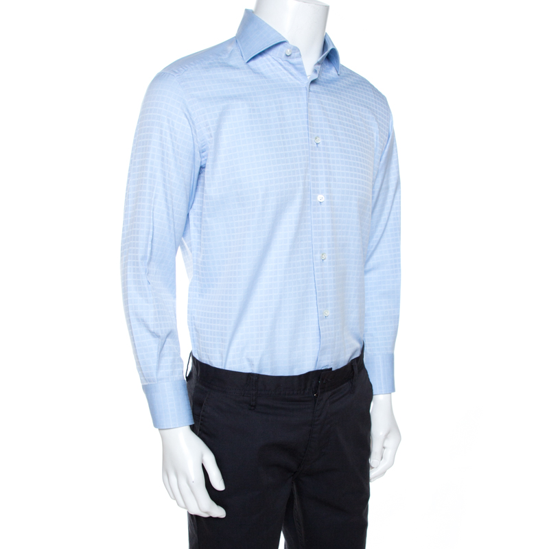 

Ermenegildo Zegna Couture Light Blue Windowpane Check Cotton Shirt