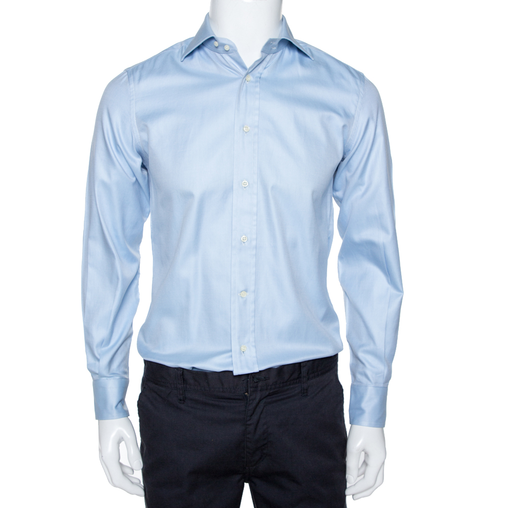 Pre Owned Ermenegildo Zegna Light Blue Diagonal Striped Cotton Long Sleeve Shirt S