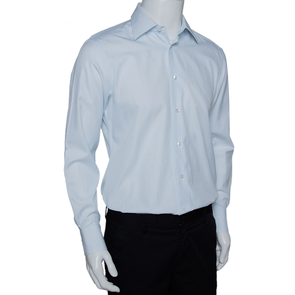 

Ermenegildo Zegna Light Blue Textured Cotton Tailored Fit Shirt