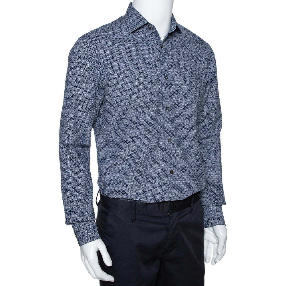 

Ermenegildo Zegna Navy Blue Printed Seer Sucker Cotton Shirt