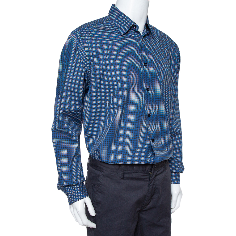 

Ermenegildo Zegna Navy Blue Printed Cotton Button Front Shirt