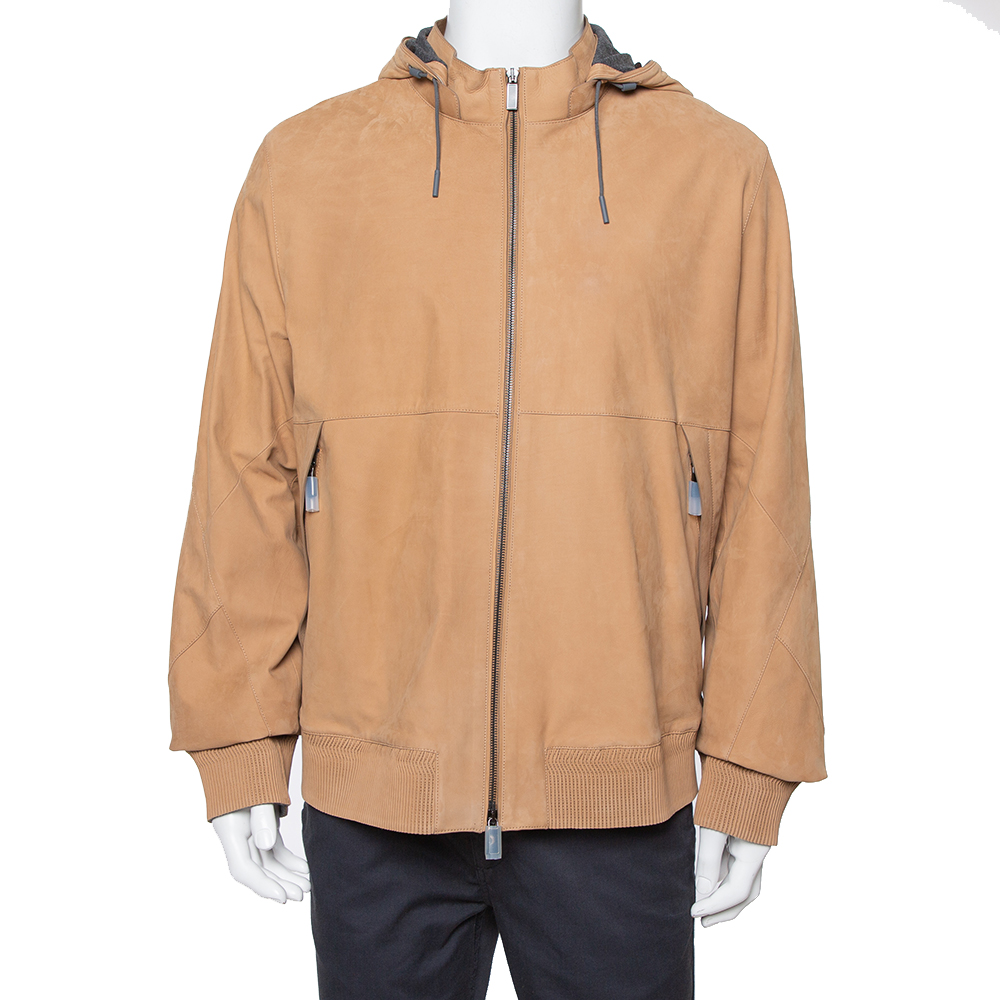 Pre-owned Ermenegildo Zegna Light Brown Leather Paneled Hooded Jacket 3xl