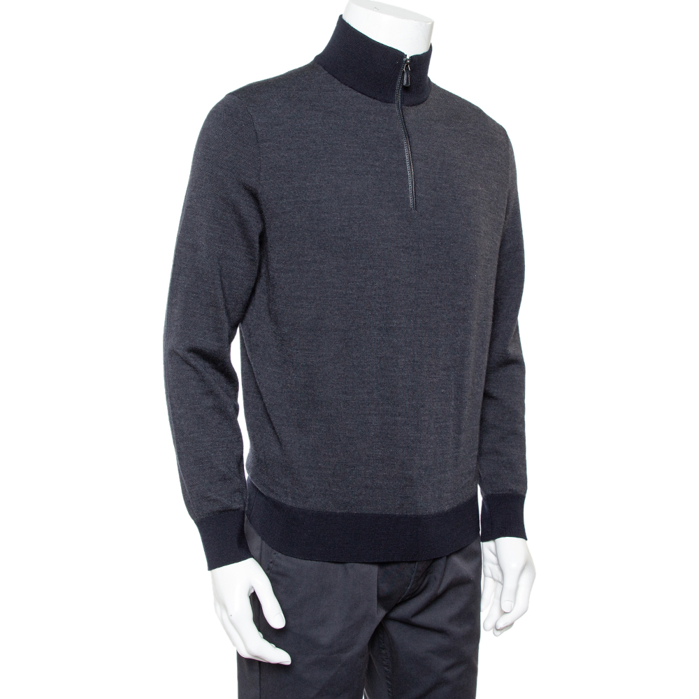 

Ermenegildo Zegna Navy Blue Wool and Cashmere Leather Zipper Front Detail Sweater