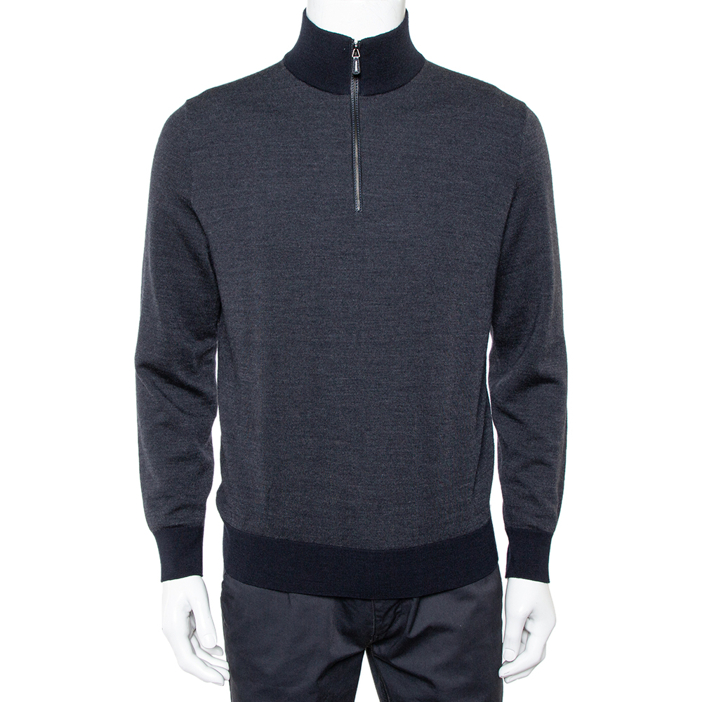 Pre-owned Ermenegildo Zegna Navy Blue Wool And Cashmere Leather Zipper Front Detail Sweater Xxl