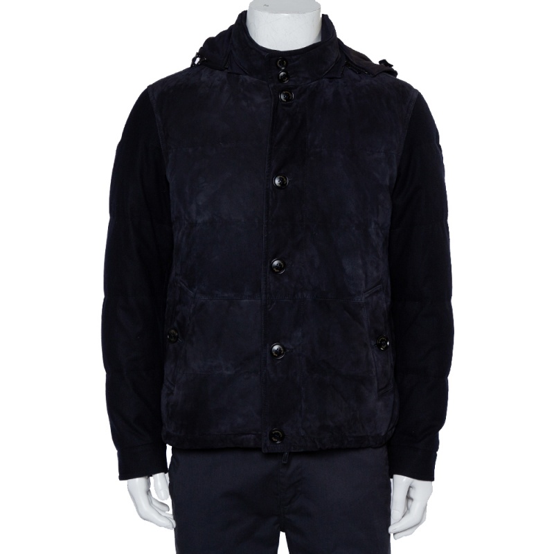 Pre-owned Ermenegildo Zegna Midnight Blue Suede & Cashmere Quilted Hooded Jacket L In Navy Blue