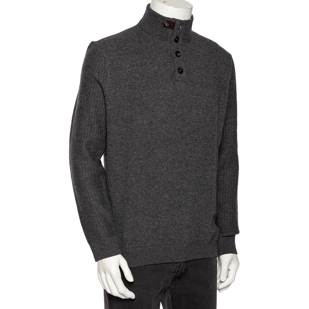 

Ermenegildo Zegna Grey Cashmere Buttoned Mock Neck Sweater