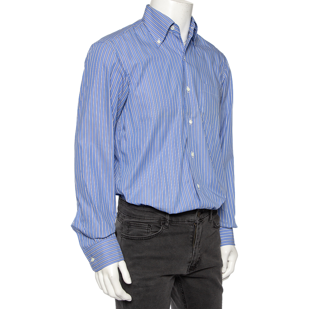 

Ermenegildo Zegna Blue Striped Cotton Buttoned-Down Shirt