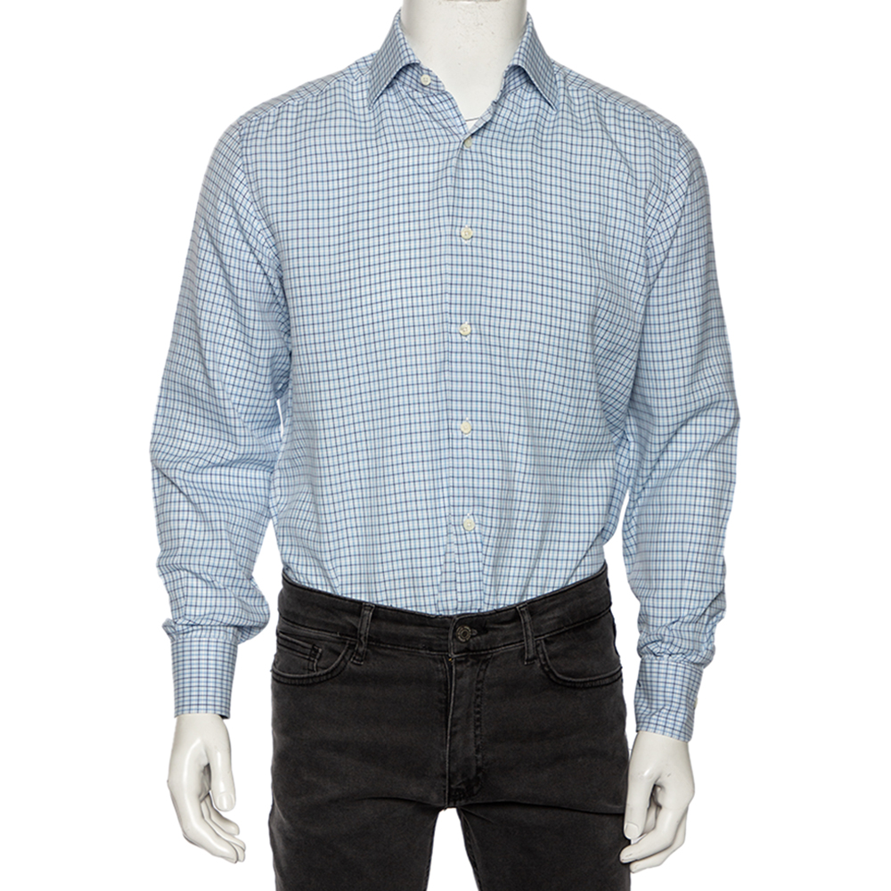 

Ermenegildo Zegna Light Blue Check Cotton Button Front Regular Fit Shirt M