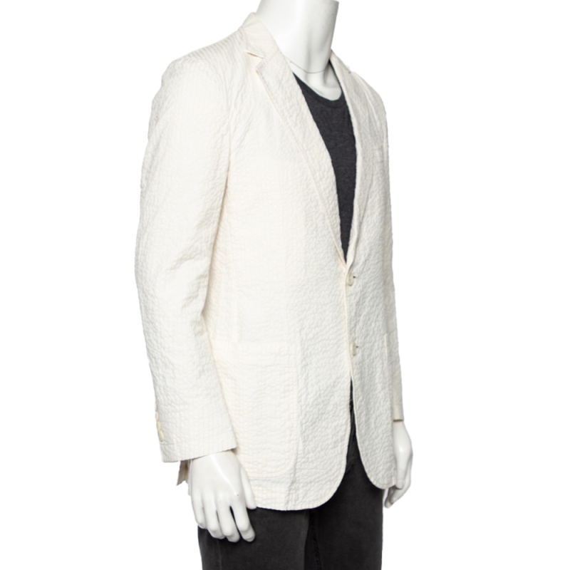 

Ermenegildo Zegna Ivory Striped Seer Sucker Cotton Single Breasted Blazer, Yellow