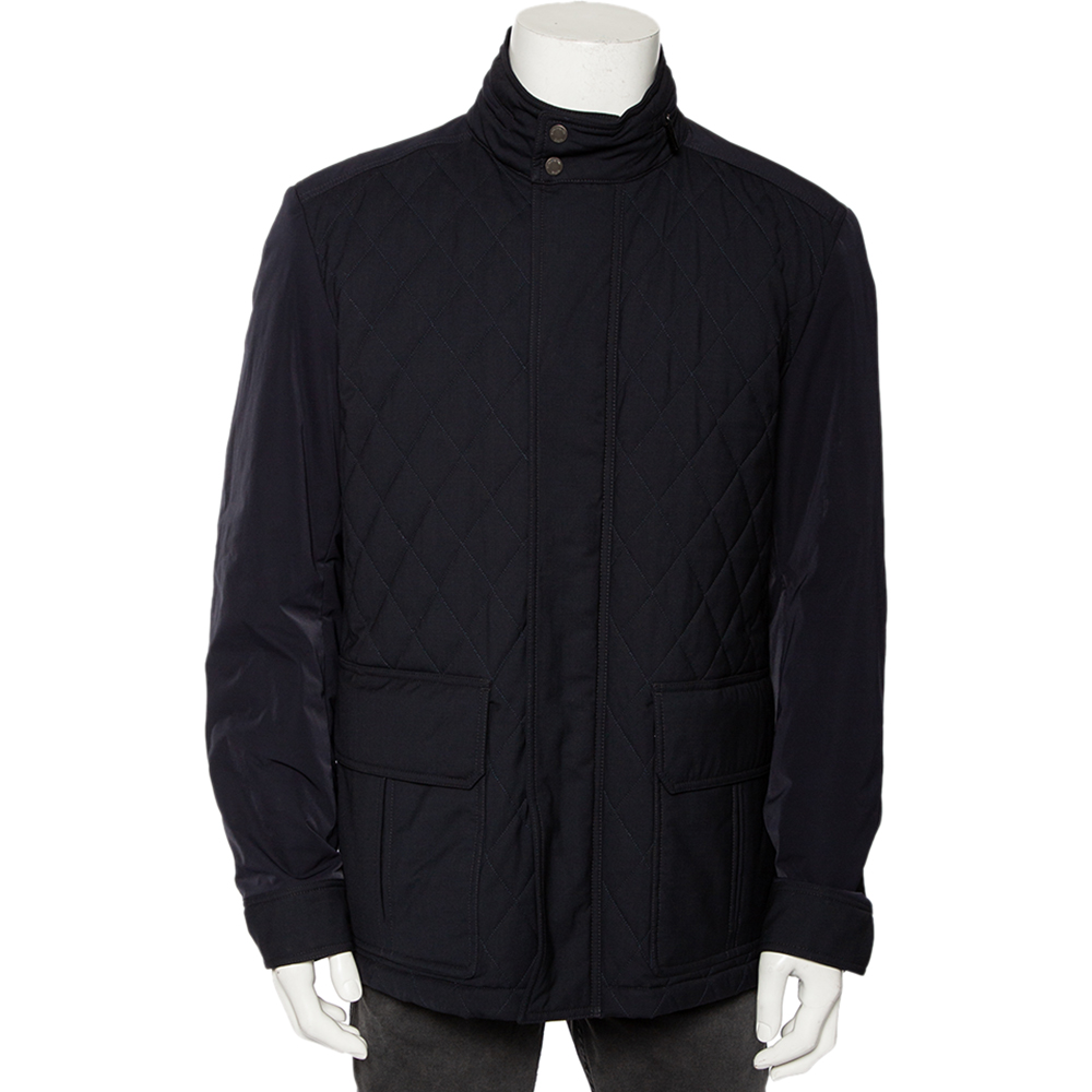 

Ermenegildo Zegna Navy Blue Wool Quilted Concealed Hood Detail Jacket