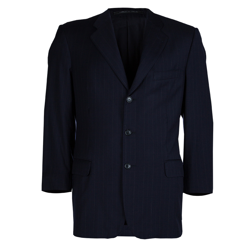 Pre Owned جاكيت بليزر رجالي ايرمنيجيلدو زينيا صوف أزرق كحلي مقلم L