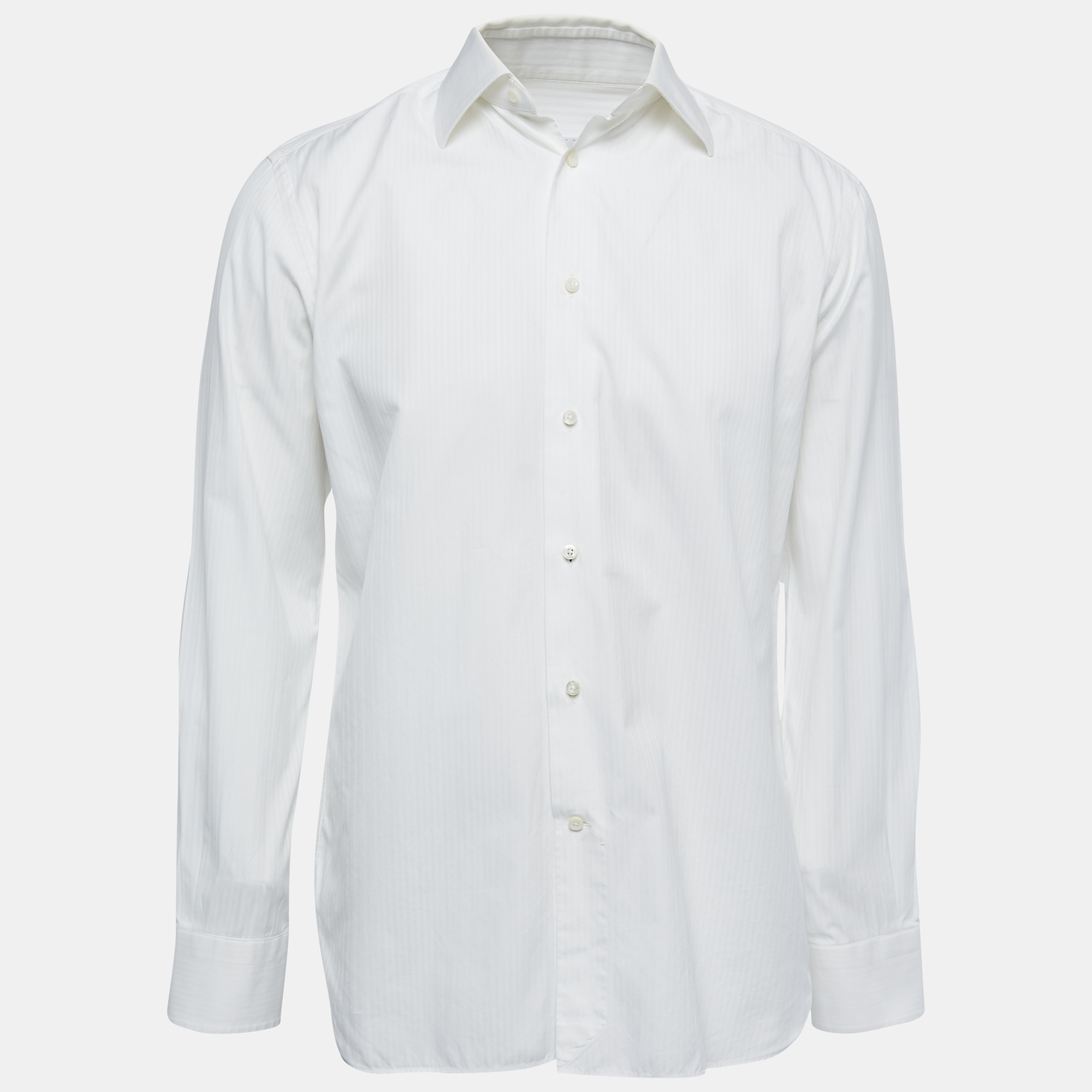 Pre-owned Ermenegildo Zegna White Patterned Cotton Full Sleeve Shirt M