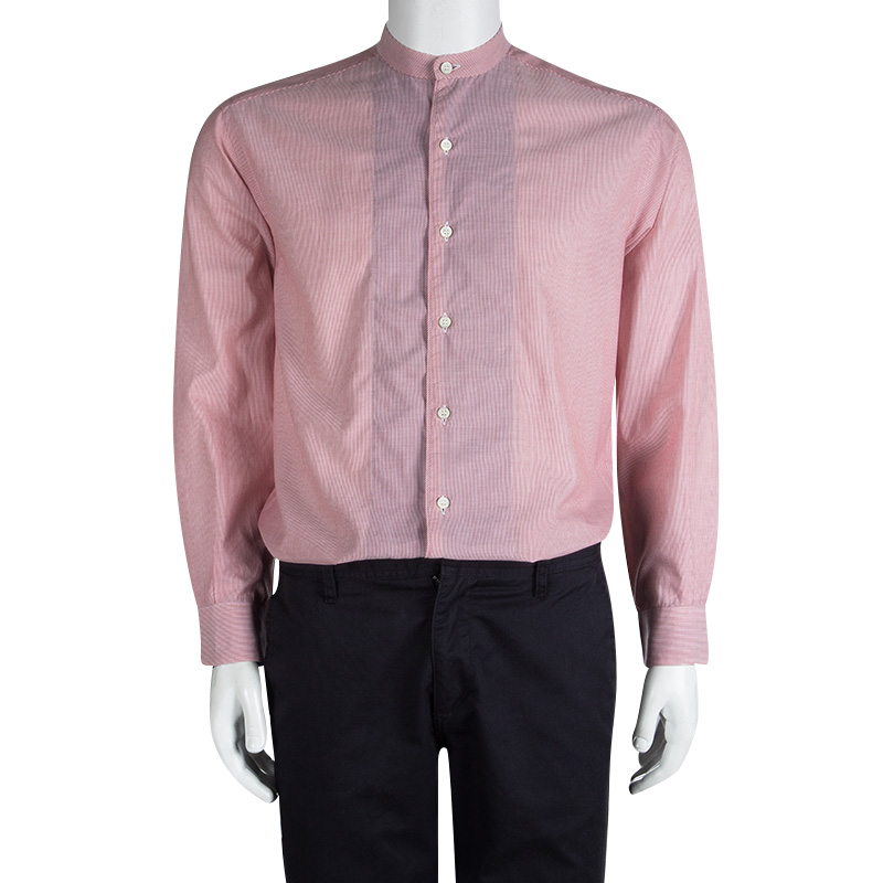 

Ermenegildo Zegna Red Pin Striped Cotton Mandarin Collar Shirt